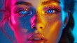 Girl with fair skin, blue eyes, long false eyelashes, bright makeup in neon colors