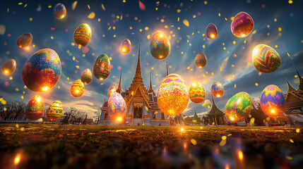 Easter eggs falling from the sky in Thailand with ancient temples and the Chao Phraya River