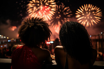 Sticker - Generated AI portrait of two women looking enjoying beautiful holiday fireworks in city national day