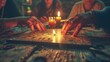 Spiritualistic seance. Participants' hands lightly touch a tablet on a Ouija board in a dimly lit room filled with antique occult paraphernalia