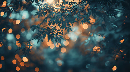 Wall Mural - The image is a beautiful nature scene, with a tree branch in the foreground and a blurry background of bokeh lights.