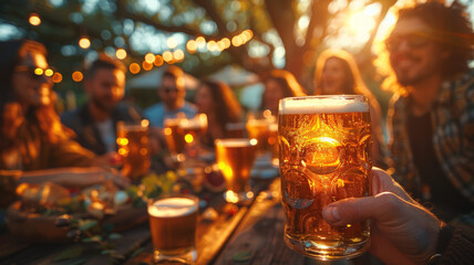 Wall Mural - A group of friends toasting with beer in a pub.