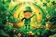 Leprechaun with gold coins and pot of gold. St. Patrick's Day illustration.