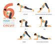 6 Yoga poses or asana posture for workout in shoulder circuit concept. Women exercising for body stretching. Fitness infographic. Flat cartoon vector.