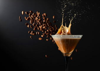 Poster - Espresso Martini drink with splashes and falling coffee beans on a black background.