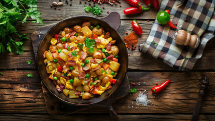Wall Mural - A rustic breakfast dish of scrambled eggs with bacon and vegetables.