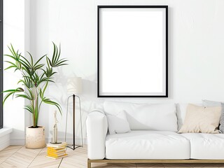 Wall Mural - Modern Living Room with White Sofa and Wall Art Frame