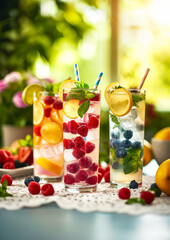 Wall Mural - Summer berries cocktails. Assorted Healthy drinks. Refreshing Summer Fruit Infused Water Served Outdoors.