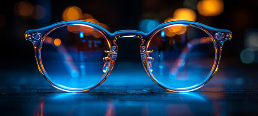 Wall Mural - Blue glasses on dark background with reflection of the city lights