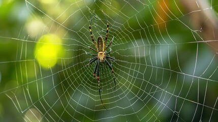 the spider is in the web with dense foliage background, blur background