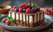 Slice of chocolate cheesecake with fresh berries on plate