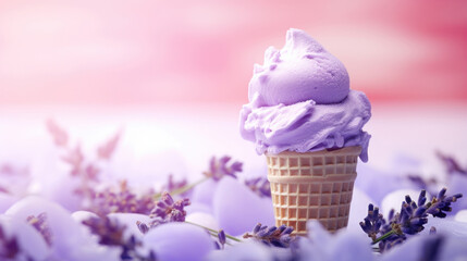 Wall Mural - Purple lavender flavor ice cream with floral ingredients, dessert background