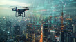 Drone delivery fleet hovering over a smart city landscape