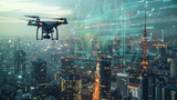 Fototapeta Sport - Drone delivery fleet hovering over a smart city landscape