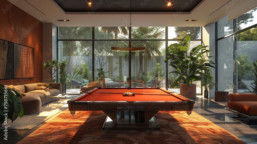 Stylish interior with a vibrant pool table centerpiece surrounded by ...