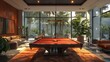 Stylish interior with a vibrant pool table centerpiece surrounded by contemporary furnishings