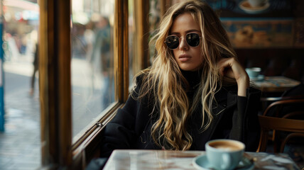 Sticker - Woman in sunglasses in coffee shop