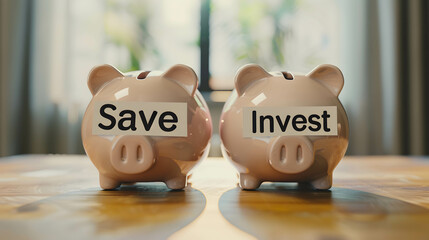 Wall Mural - piggy bank with word save and invest, plan for financial freedom and retirement