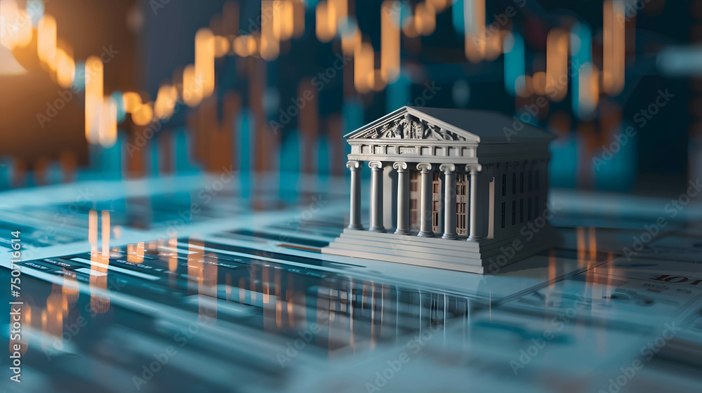 Montetary Background bank model on the table with stock market background, financial ...