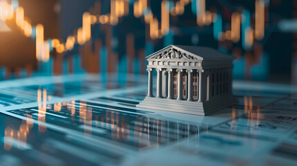 bank model on the table with stock market background, financial institutions that control monetary a
