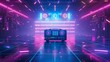 Vibrant retro party scene with a neon pink boombox on a dazzling dance floor