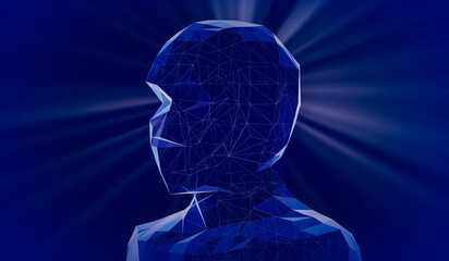 Poster - Geometrical wireframe man face and rays of light - 3D illustration