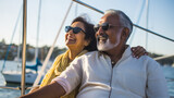 Fototapeta Konie - Smiling mature indian american couple enjoying sailboat ride in summer