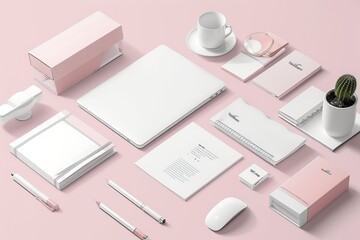 Premium corporate branding identity template set in plain background. Business mock-up with blank logo. Set of envelopes, tumbler, laptop, cards, folders, etc.