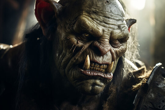 AI generated close up portrait of a male orc ogre with medieval armor