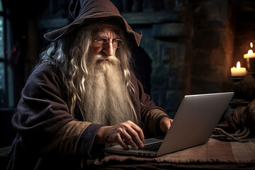 Wall Mural - digital generative ai collage image of wise wizard search magical spell on web netbook
