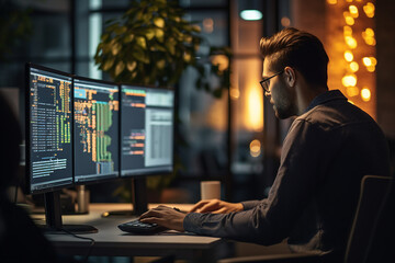 Experienced hacker in action breaking software protection server code Generative Ai image pic