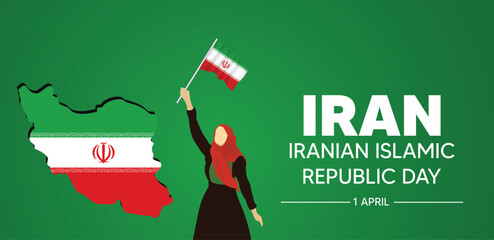 Wall Mural - Iran Iranian Islamic Republic Day 1 April woman holding waving flag with flag map vector poster