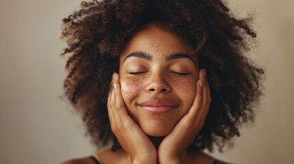 Wall Mural - young woman with closed eyes, a joyful expression, and hands gently placed on her cheeks.