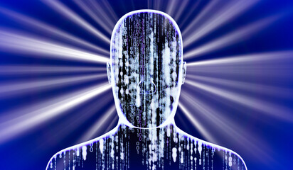 Poster - Geometrical man face with binary code and rays of light - 3D illustration