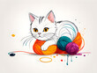 A mischievous cat playing with yarn balls