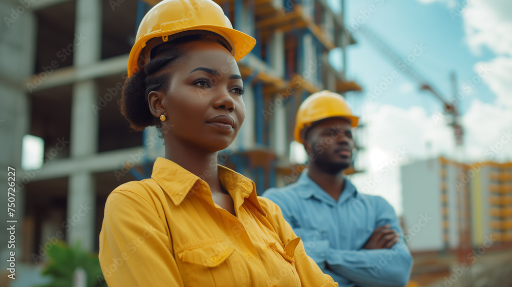 Male and female workers in hard hats standing in front of a building ...