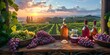 Ripe grapes and wine bottles on a wooden table, with a scenic vineyard backdrop bathed in the warm glow of the sunset.