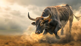Fototapeta  - A buffalo or bull running fast in the field with dusk effect
