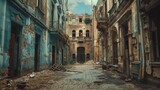 Fototapeta Uliczki - A desolate urban alleyway presents a scene of decay with the crumbling facades of abandoned buildings, invoking a sense of forgotten history.
