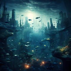 Canvas Print - Surreal underwater cityscape.