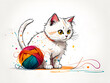 A mischievous cat playing with yarn balls