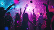 © Marta B - Dynamic scene of people dancing and celebrating at a party or club with confetti in the air and colorful lights in the background.