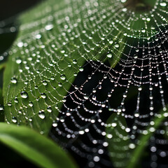 The intricate details of a spiders web covered in dew
