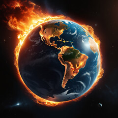 Planet Earth in space on fire burning. Generative AI