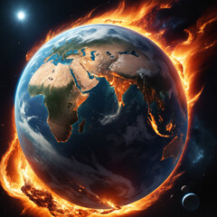 Poster - Planet Earth in space on fire burning. Generative AI