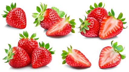 Wall Mural - Set of juicy strawberries, some of them cut, isolated on a white background.
