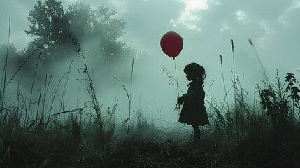 photo of a doll holding a balloon with a scary background