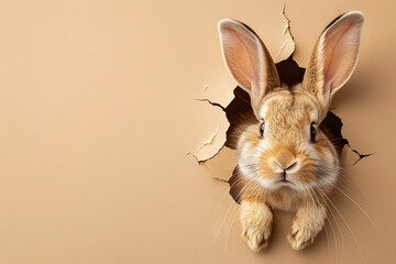 Wall Mural - Easter bunny poster peeking out of a hole in the wall with copy space, rabbit jumps out of a torn hole