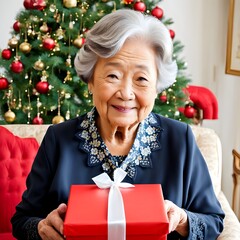 Asian grandmother with a happy face after receiving a gift