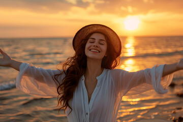 Wall Mural - Backlit Portrait of calm happy smiling free woman with open arms and closed eyes enjoys a beautiful moment life on the seashore at sunset 